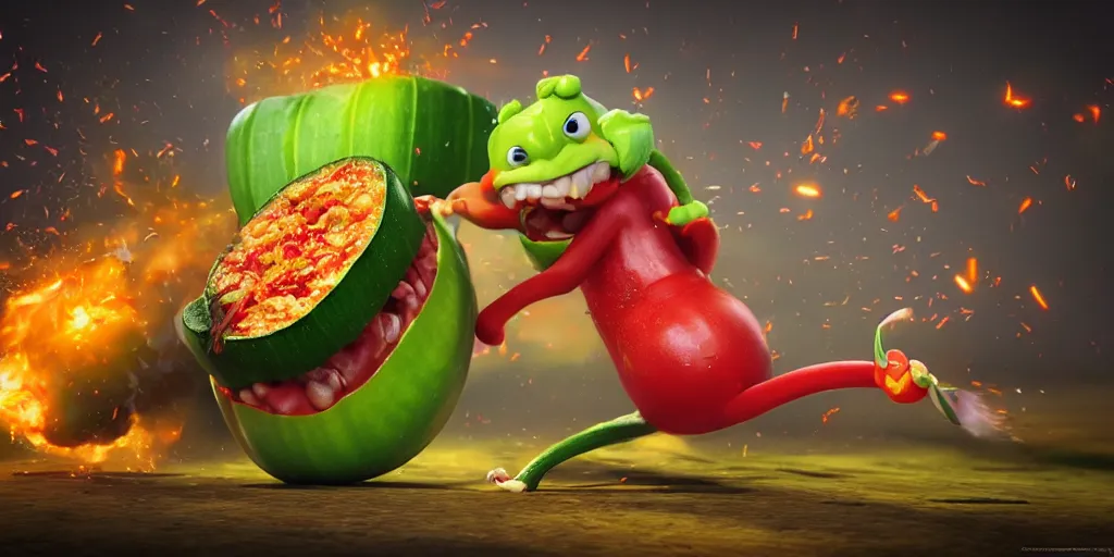 Prompt: detailed 3 d render of a raging zucchini!! character chasing!! down a desperate tomato!, high speed action, explosions, dramatic scene, hyper realistic octane render, cinematic lighting, deviantart, pop - surrealism, lowbrow, frame from disney pixar movie