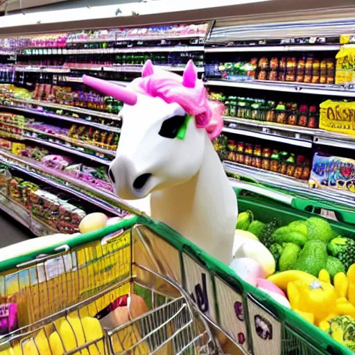 Image similar to a unicorn rampaging through a supermarket