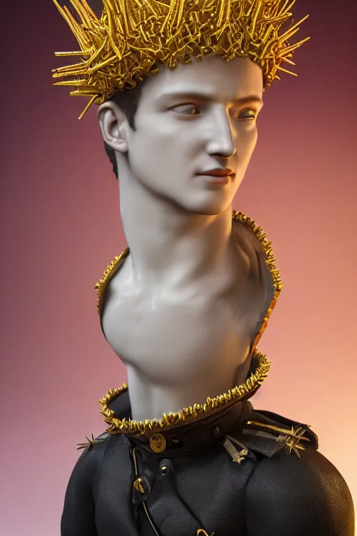 Prompt: a realistic porcelain full-head baroque style bust of handsome young Spanish brunette prince with a spiky hair and a crown made of colored pipecleaners, suspended in outer space, photorealism, octane render, depth of field, 8k, 35mm, artgem, Trending on artstation