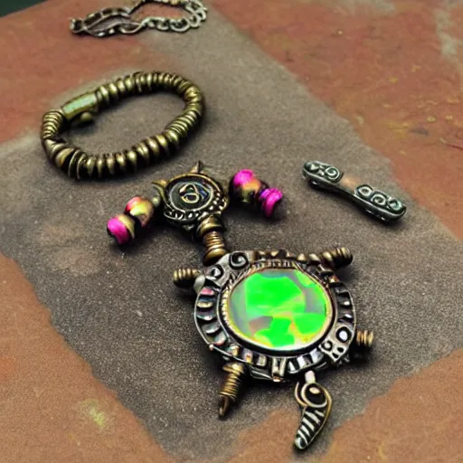 Prompt: steampunk jewellery with neon colours