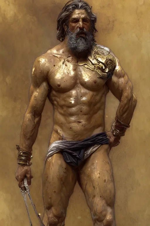 Prompt: painted back portrait of rugged zeus greek god by greg rutkowski craig mullins artgerm alphonse mucha, messy gold body paint over back and his arms, white hair handsome muscular upper body mature warm tone bulging bubble flowing robe [ ancient greek motifs ] background fantasy intricate elegant detailed digital painting concept art artstation sharp focus illustration