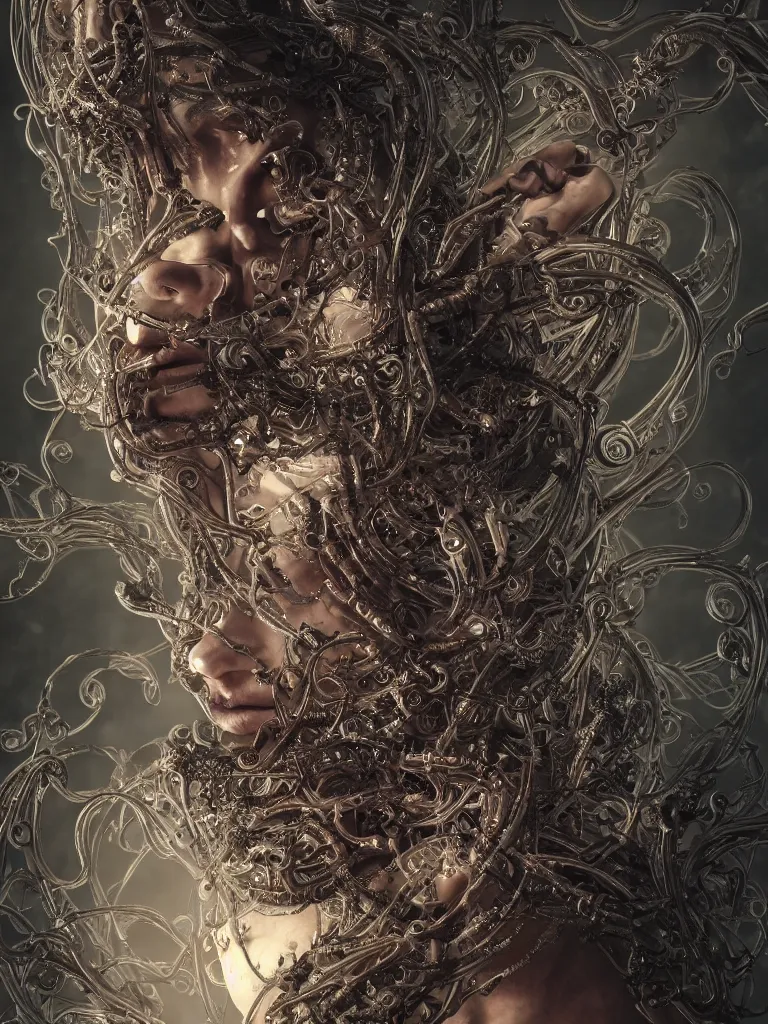 Prompt: beautiful portrait of the priestess of pain and sorrow, bio-mechanical cathedral ,intricate tendrils, chaotic swirling ferrofluids, baroque, octane render, glow, surreal dramatic lighting, intricate details and ornaments, 8k, cinematic, blur, shallow depth of field