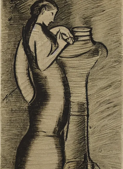 Image similar to abstract stylized charcoal drawing of a woman working on a tall vase at a pottery wheel, da vinci, van gogh