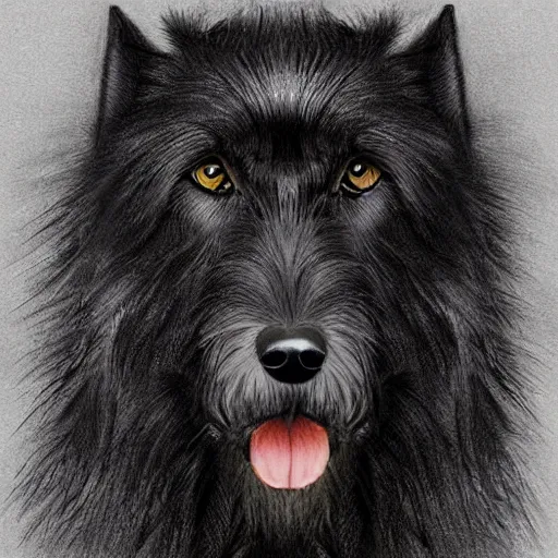 Image similar to highly detailed drawing of a black wolfhound, ferocious, ultra realistic