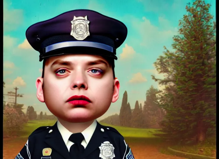 Image similar to a police officer with donut body, lowbrow, matte painting, 3 - d highly detailed, in the style of mark ryden,