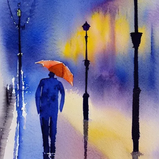 Image similar to a watercolor painting night watchman walking on a rainy night