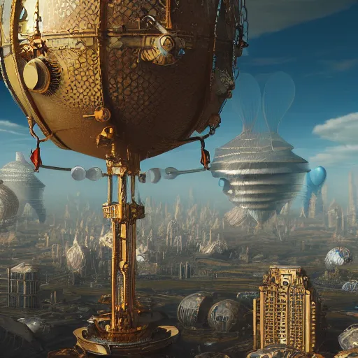 Image similar to enormous flying city in a faberge egg, sky, steampunk, fantasy art, masterpiece, hugh ferriss, octane render