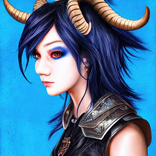 Prompt: illustrated realistic portrait female ram-horned kobold blue hair with black evil devil eyes wearing leather armor by rossdraws