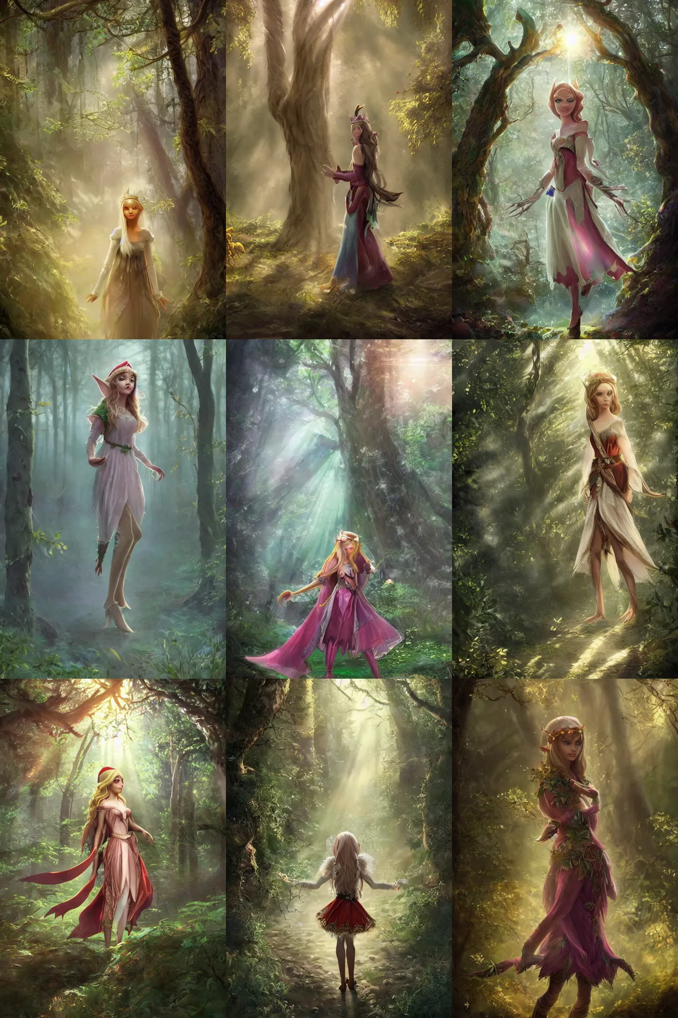 Prompt: a beautiful elf princes walking in an enchanted forest, realistic face, light rays sieving through the trees, an owl sitting on the tree branch, evening, warm light, hyperrealistic fantasy art, trending on artstation