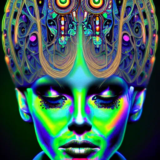 Image similar to extremely psychedelic cyborg queen of lsd. intricate, elegant, highly detailed, photorealistic, digital painting, artstation.