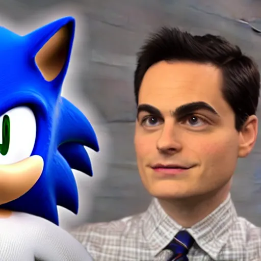 Prompt: Sonic the Hedgehog interviews Ben Shapiro. Soundstage, dim lighting, realistic, 4k, dynamic lighting.