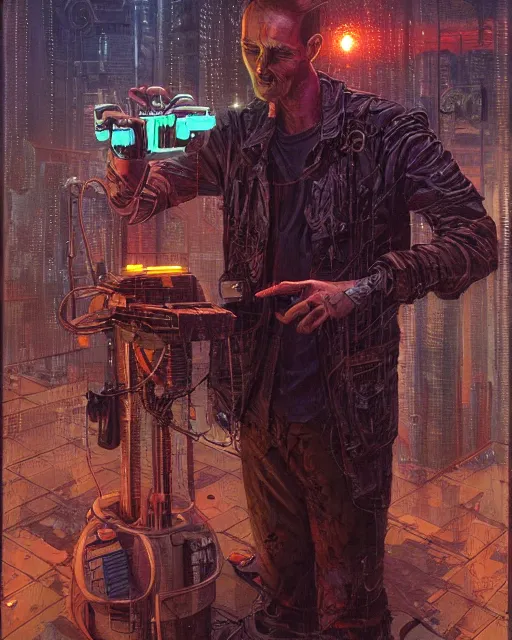 Image similar to a painting of a man holding a machine in his hands, cyberpunk art by les edwards and by michael whelan and by dan mumford, cgsociety, neoplasticism, lovecraftian, future tech, circuitry