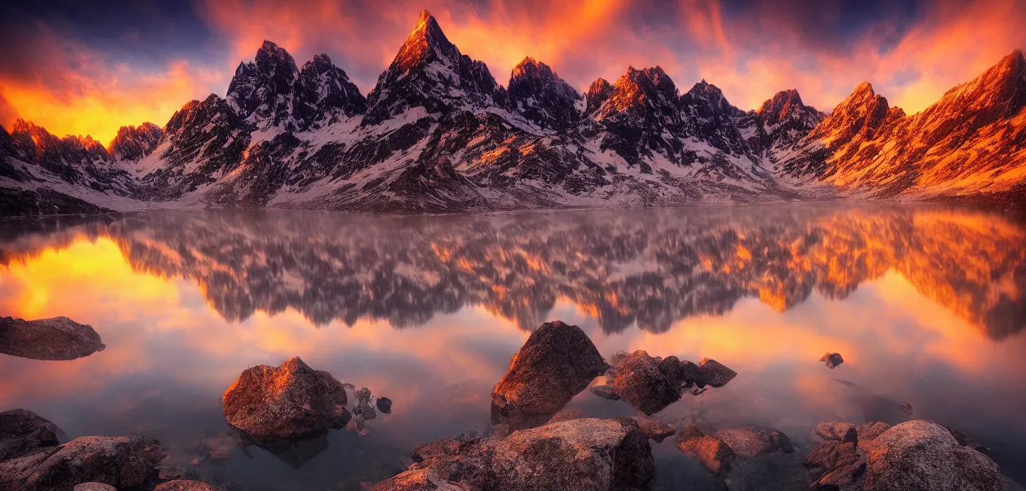 Image similar to amazing landscape photo of mountains with lake in sunset by marc adamus, beautiful dramatic lighting