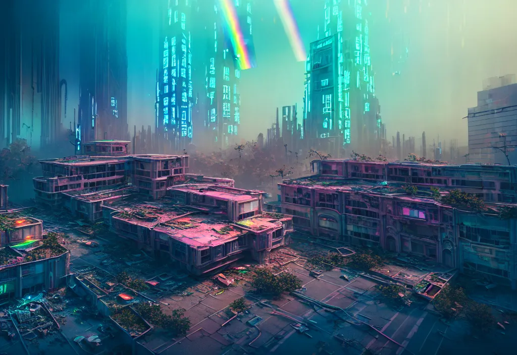 Prompt: A highly detailed crisp unreal engine render of aerial drone photo of A beautiful futuristic cyberpunk abandoned city building with neon, plants, perfect well made rainbow on the sky, sunlight breaking through clouds, debris on the ground, abandoned machines bright warm colors by wangchen-cg, 王琛,Neil blevins, artstation