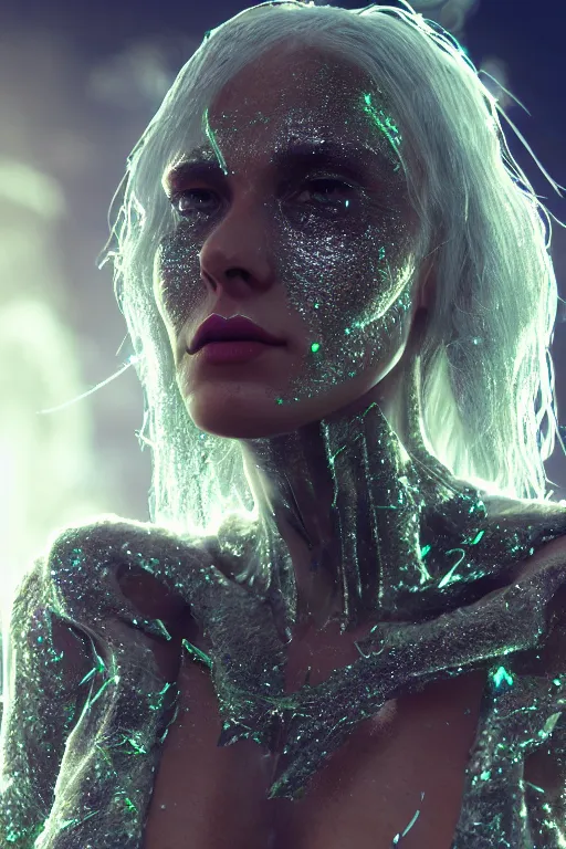 Image similar to skin concept, biopunk, in full growth, magical smoky translucent luminous sparkling crystals, many details, 3 d, cinematic, hyper realism, high detail, octane render