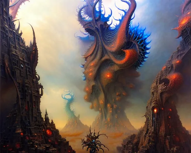 Image similar to street view of the battle of good and evil, fantasy landscape made of fractals facing each other, ultra realistic, wide angle, intricate details, the fifth element artifacts, highly detailed by peter mohrbacher, hajime sorayama, wayne barlowe, boris vallejo, aaron horkey, gaston bussiere, craig mullins