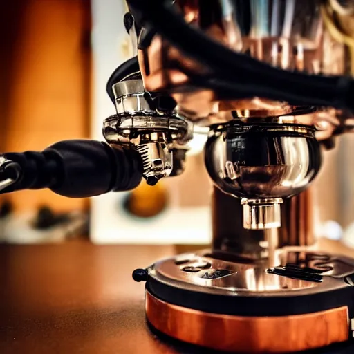 Prompt: dslr photo of a steampunk robotic espresso machine with small gears and nailed copper plates, android coffee shop, very scientific, 4 k, photorealistic, cafe lighting, cinematic, highly detailed, by ridley scott,