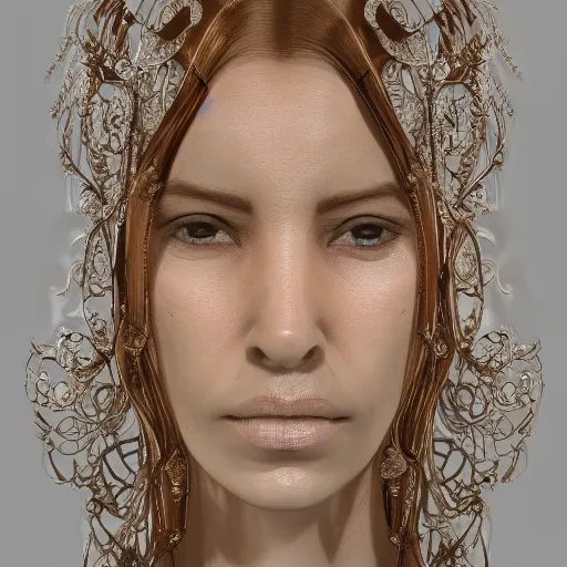 Image similar to beatifull face portrait of a woman, 150 mm, anatomical, flesh, flowers, mandelbrot fractal, facial muscles, veins, arteries, intricate, golden ratio, full frame, microscopic, elegant, highly detailed, ornate, ornament, sculpture, elegant , luxury, beautifully lit, ray trace, unreal, 3d, PBR, in the style of peter Gric , alex grey and Romero Ressendi