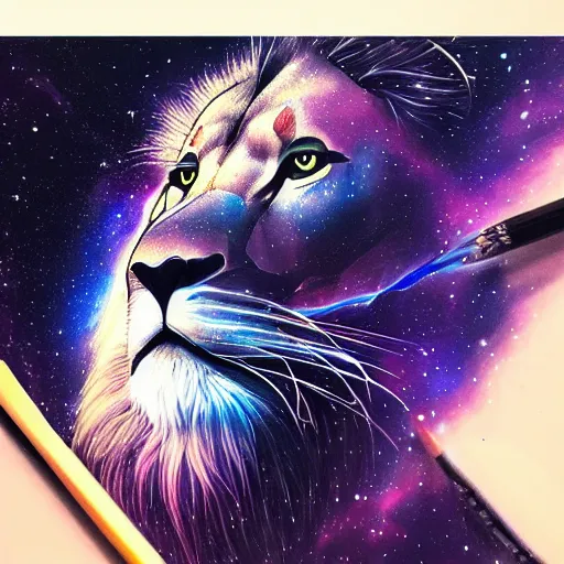 Image similar to geometric lion with galaxy eyes in space, nebula in the background, intricate, elegant, highly detailed, digital painting, artstation, concept art, smooth, sharp focus, illustration, art by artgerm