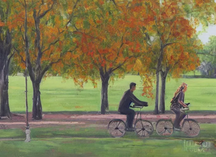 Image similar to a couple on bicycles in the park painting