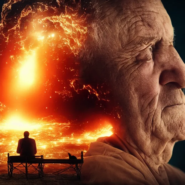 Image similar to cinematic movie close up shot, background blur bokeh, old man sitting with black cat watching nuke explosion close up!, world ending nuke, 4 k