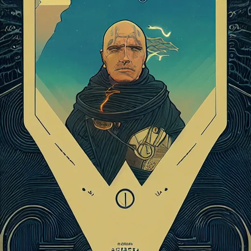 Image similar to majestic dune themed paul atreides messianic tarot card by sachin teng, artgerm, alphonse mucha, masterpiece, organic painting, matte painting, technical geometrical drawing shapes, lightning electricity coil, hard edges, graffiti, screen printing poster art by sachin teng