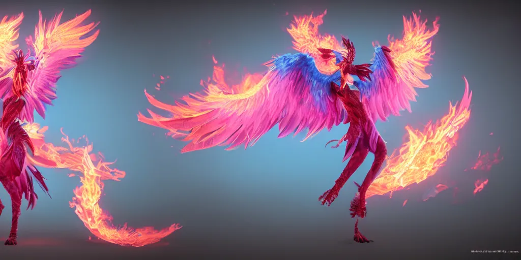 Image similar to pink and blue anthro flaming phoenix, character portrait, unreal engine 5, intricate, detailed, realistic, masterpiece