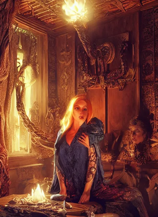 Image similar to firestarter inside covens den, intricate wiccan scene detailing, hyperdetailed, photorealistic, diffuse lighting, hdrp, artstation, unreal 5, smooth, textless, sharp focus, art by john collier, albert aublet, krenz cushart, artem demura, alphonse mucha