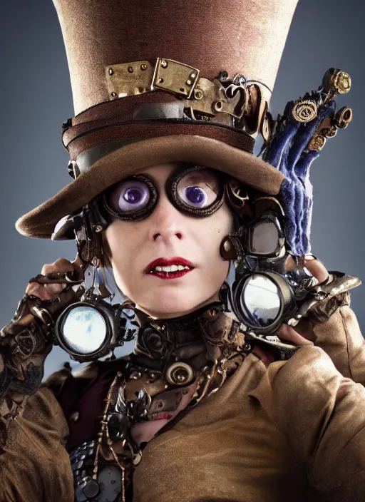 Image similar to closeup portrait of a female steampunk medieval goblin wearing a top hat and goggles, depth of field, zeiss lens, detailed, symmetrical, centered, fashion photoshoot, by Annie Leibovitz and Steve McCurry, David Lazar, Jimmy Nelsson, Breathtaking, 8k resolution, extremely detailed, beautiful, establishing shot, artistic, hyperrealistic, beautiful face, octane render