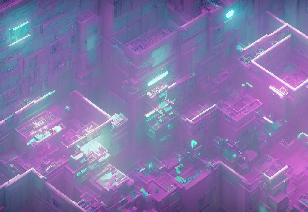 Image similar to hospital isometric magicavoxel bloodborne no mans sky, vaporwave, cinematic lighting, 4 k