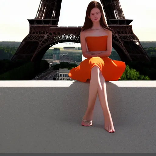 Image similar to A young beautiful giantess wearing a sundress sitting on the Eifel tower,her feet are visible ,detailed body and face, beautiful lighting,digital art , highly detailed , high contrast, beautiful lighting, award winning , trending on art station, 8k, photorealistic,unreal engine 5