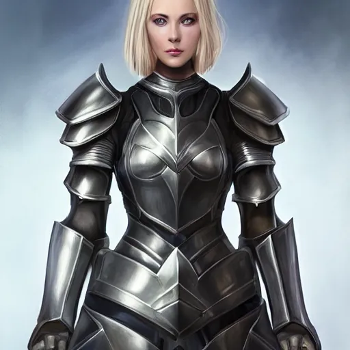 Image similar to fantasy paladin woman, symmetrical portrait, centered view, short blonde hair, blue eyes, level 1 plate armour, pale skin, 4k, by wlop, artgerm, andrei riabovitchev, nuri iyem, james gurney, james jean, greg rutkowski, highly detailed, soft lighting 8k resolution