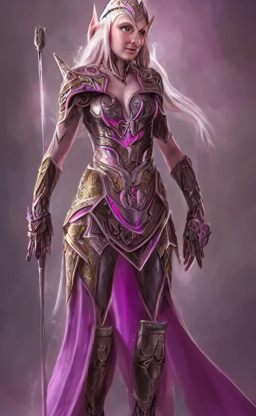 Image similar to a full body portrait of an elven woman with pink skin, and armor fit for a queen, wearing purple headphones, and smiling, dynamic lighting, photorealistic fantasy concept art, trending on art station, stunning visuals, creative, cinematic, ultra detailed