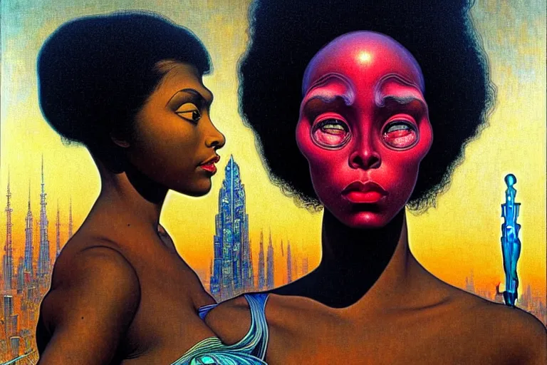 Image similar to realistic extremely detailed portrait painting of a beautiful black woman with an alien, city street on background by Jean Delville, Amano, Yves Tanguy, Ilya Repin, Alphonse Mucha, Ernst Haeckel, Edward Robert Hughes, Roger Dean, rich moody colours