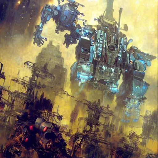 Image similar to six meters tall mech fighting in an urban environment, epic action scene, by gaston bussiere craig mullins jc leyendecker gustav klimt artgerm greg rutkowski john berkey, bergey, craig mullins, ruan jia, raymond swanland, jeremy mann, tom lovell, alex malveda, ray casting, hdr