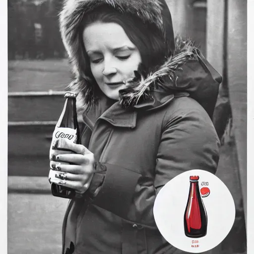 Prompt: a beautifully detailed image of a woman in a parka drinking a bottle of coke, constructivist, russian, soviet advertisement, 1 9 6 0's