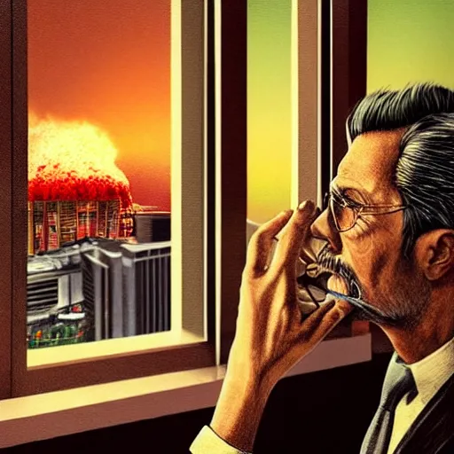 Prompt: Mr. House, realistic, highly detailed face, looks at the nuclear explosion, from the window of the Lucky 38 Casino, man smokes a cigar, holding in his Hand, arm, hyperdetailed, artstation trending, ultra HD, artstation, photorealism, ultrarealistic, retro, 45mm, elegant,