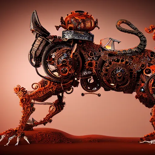 Image similar to mythical orange organic biomechanical cat riding. highly detailed, intricate steampunk ornate, poetic, 3 d render, digital art, octane render, 8 k artistic photography, photorealistic.