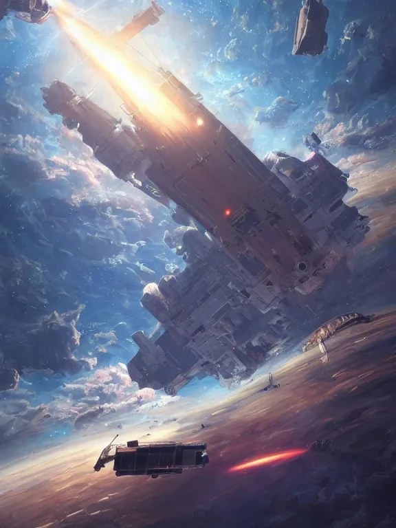 Image similar to a cargoship in space. realism, detailed spaceship, digital illustration, hard lighting, adventurous, hard - scifi, atmospheric lighting, 8 k, octane render. by makoto shinkai,, james jean, andrei riabovitchev, marc simonetti, krenz cushart, sakimichan, d & d trending on artstation, digital art.