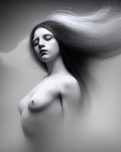 Image similar to monochrome, dreamy, subsurface scattering, white, young beautiful goddess in cosmos with very long white hair floating in air, fluid smoke art, black and white, octane render, dino valls, mark ryden, joe fenton, michal karcz, highly detailed, rim light, art, cinematic lighting, very coherent, hyper realism, 8 k