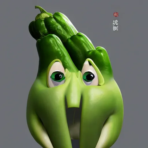 Prompt: a cartoon character with a green pepper in his mouth, a character portrait by weiwei, cgsociety, sots art, official art, art, character,