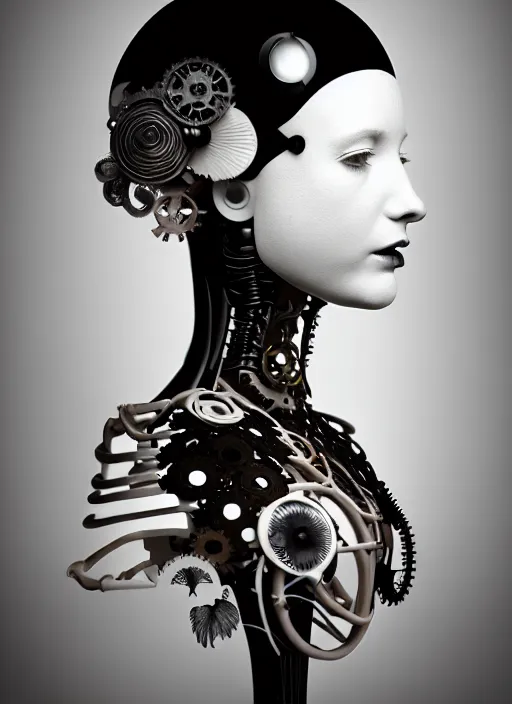 Image similar to black and white dreamy foggy profile face portrait, one steampunk eye biomechanical beautiful young female cyclope - cyborg - robot bust, body ribs meshes,, volumetric light, hibiscus flowers, by hg giger, rim light, by dora maar and cecile beaton, big gothic fashion pearl embroidered collar, 8 k