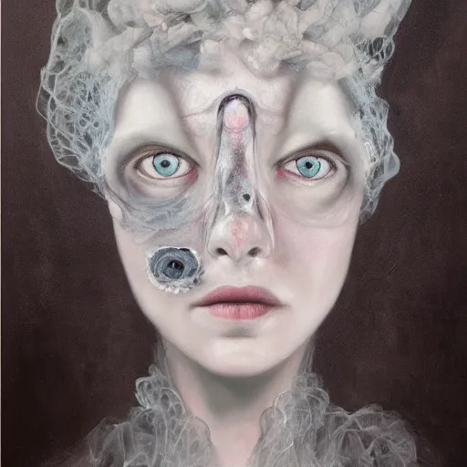 Image similar to ghostly female portrait in detail in oil paint by james jean, guillermo del toro l, tim burton