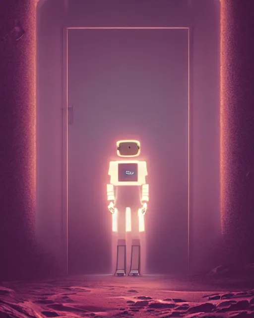 Image similar to a robot standing in front of a glowy open door that's on a barren moon, poster art by mike winkelmann, trending on cg society, space art, sci - fi, ue 5, futuristic, volumetric lighting, light casting onto the ground, neat composition and camera angle