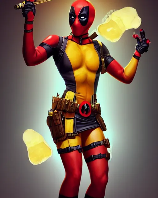 Image similar to beautiful deadpool as honey, made of honey, wearing honey - themed miniskirt, award winning creature portrait photography, extremely detailed, artstation, 8 k, sensual lighting, incredible art, wlop, artgerm, backlit, rim lighting, hi - fructose