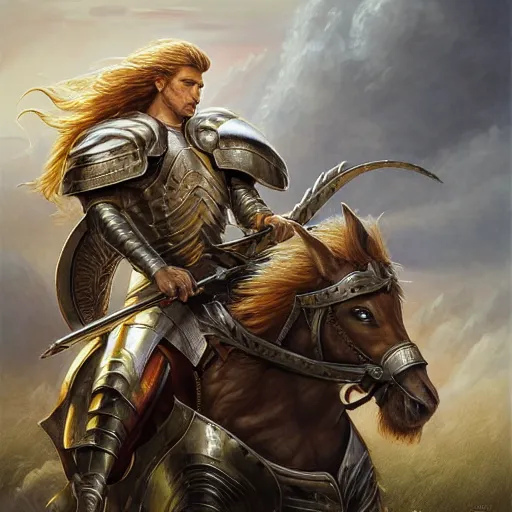 Image similar to portrait, handsome long - haired male fantasy paladin in shining armor on an armored horse, blond, rpg game, stern expression, main character, detailed, digital painting, artstation, sharp focus, illustration, artgerm, tomasz alen kopera, peter mohrbacher, donato giancola, joseph christian leyendecker, wlop, frank frazetta