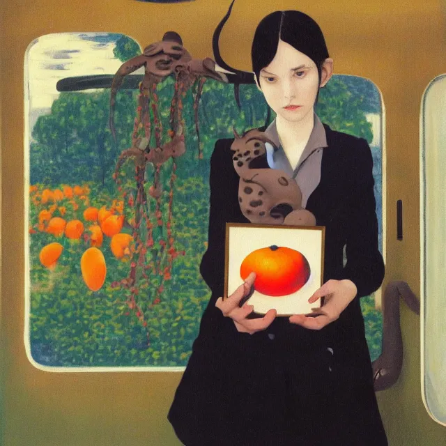 Image similar to tall emo girl artist holding small portraits and a persimmon on a train, on shinkansen in tokyo, shinagawa station, pigs, octopus, acrylic on canvas, surrealist, by magritte and monet