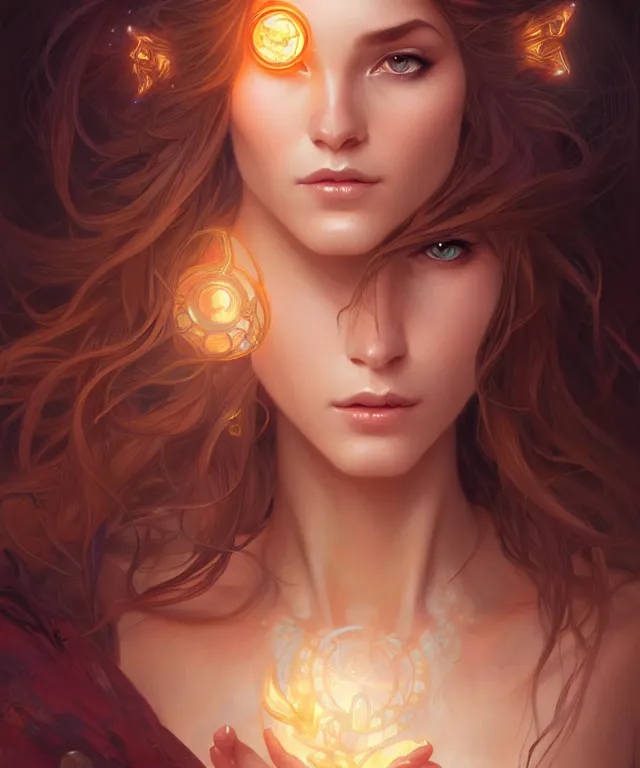 Image similar to fantasy magic woman portrait, sci-fi, amber eyes, face, long hair, fantasy, intricate, elegant, highly detailed, digital painting, artstation, concept art, smooth, sharp focus, illustration, art by artgerm and greg rutkowski and alphonse mucha