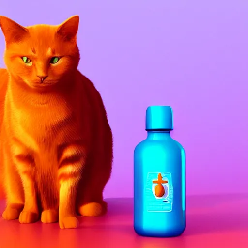 Prompt: a cat standing next to a bottle of medicine. orange cat. animal. digital art. artstation. illustration. wide image. retro wave. octane render.