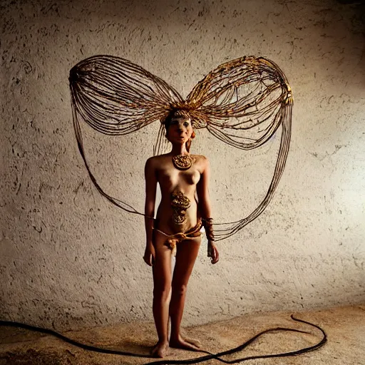 Prompt: A perfect Mayan female goddess stands for a waist up portrait with her body sightly wrapped in thin gold wire creatively arranged so as to look like Mayan Hieroglyphic tattoos, in an abandoned barn, hyper photo realistic 8K HD HDRI, photo by Annie Leibovitz.